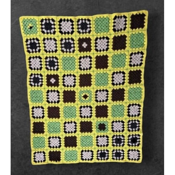 Vintage Crochet Afghan Blanket Throw Handmade Granny Square Yellow - Picture 1 of 1